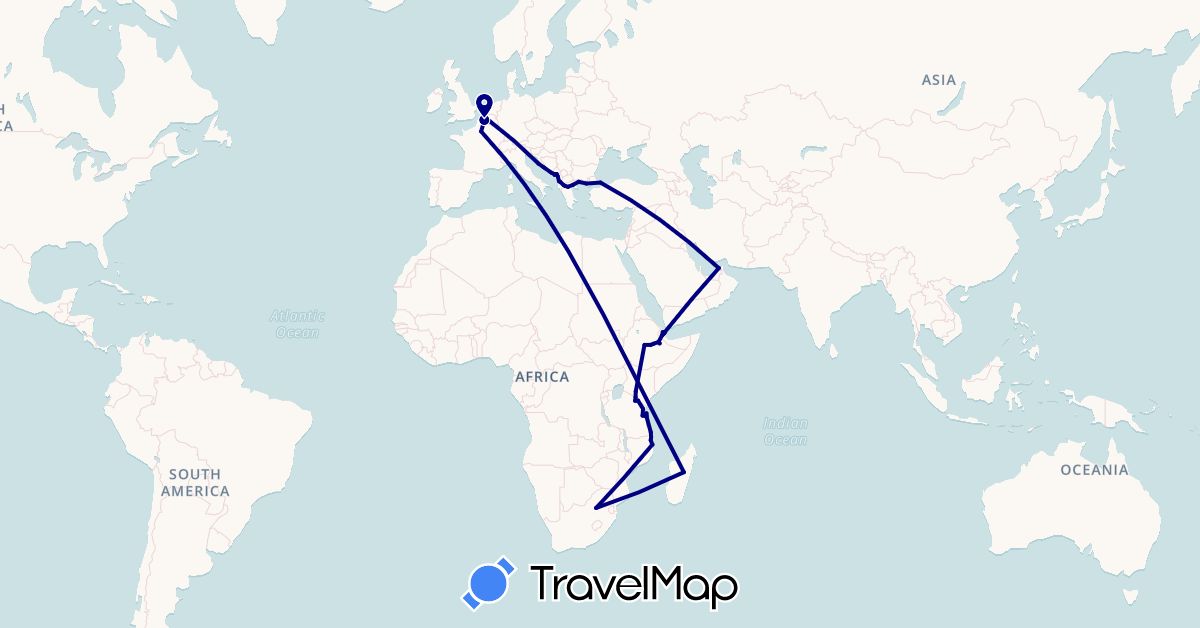 TravelMap itinerary: driving in United Arab Emirates, Albania, Belgium, Djibouti, Ethiopia, France, Greece, Croatia, Kenya, Montenegro, Madagascar, Mozambique, Turkey, Tanzania, South Africa (Africa, Asia, Europe)